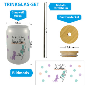 Lustige Katzen Trinkglas mit Bambusdeckel mit Spruch Du bist der Knaller