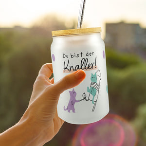 Lustige Katzen Trinkglas mit Bambusdeckel mit Spruch Du bist der Knaller
