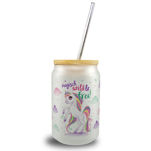 Einhorn Trinkglas mit Bambusdeckel mit Spruch Magisch wild und frei