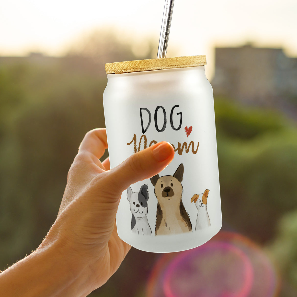 Dog Mom Trinkglas mit Bambusdeckel mit Spruch
