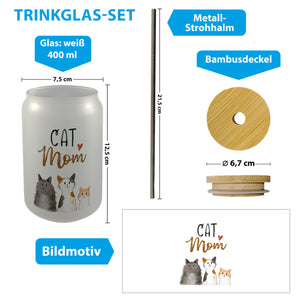 Cat Mom Trinkglas mit Bambusdeckel mit Spruch
