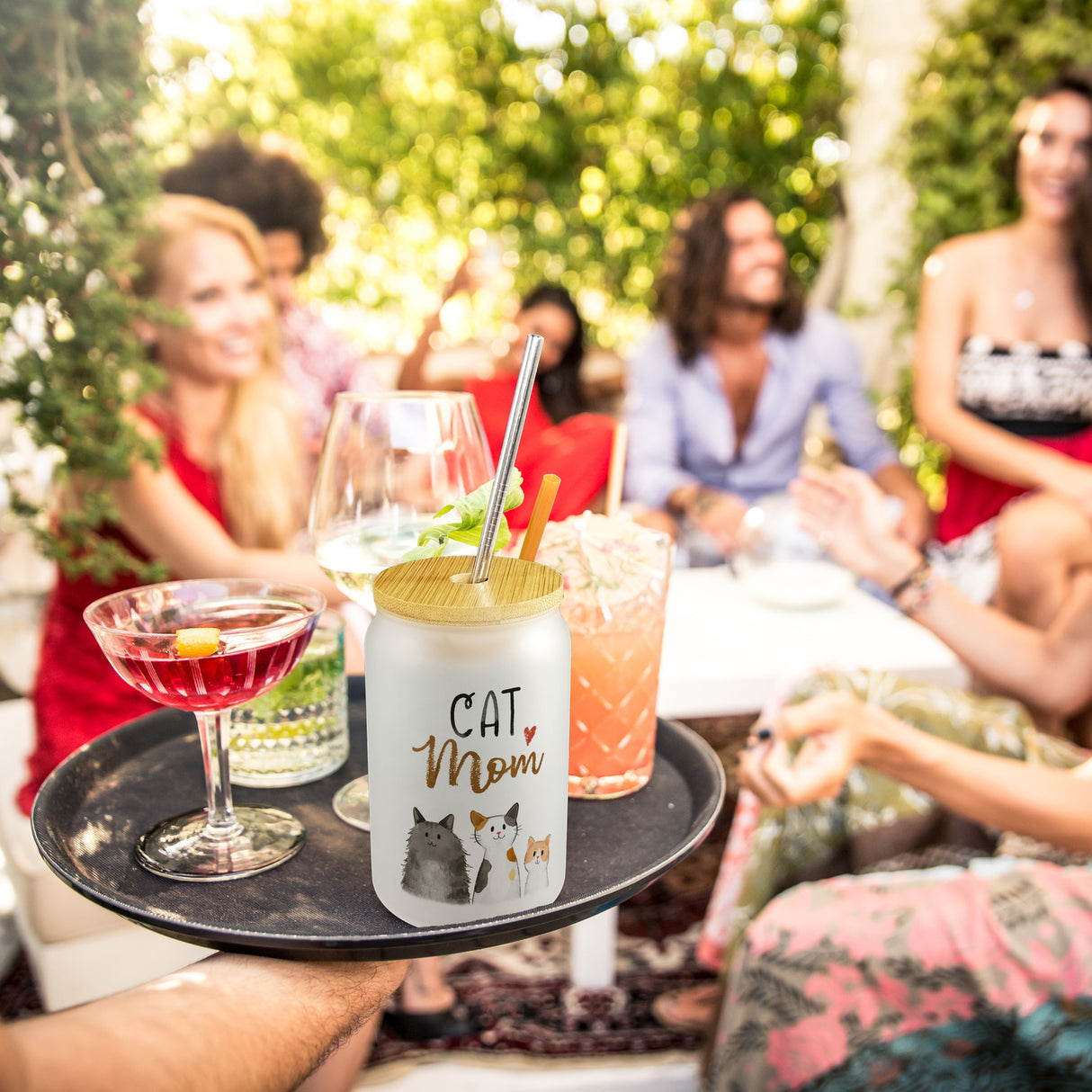Cat Mom Trinkglas mit Bambusdeckel mit Spruch