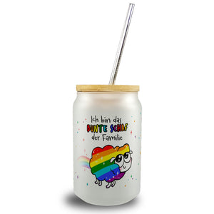 Das bunte Schaf der Familie in Pride-Farben Trinkglas mit Bambusdeckel mit Spruch