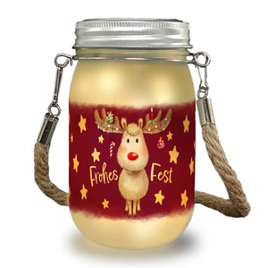 Rentier mit Weihnachtsschmuck Solarlicht und Spruch Frohes Fest