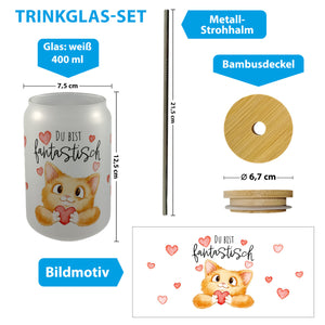 Orange Katze Trinkglas mit Bambusdeckel mit Spruch Du bist fantastisch
