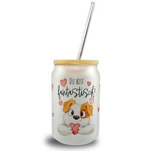 Hund Trinkglas mit Bambusdeckel mit Spruch Du bist fantastisch