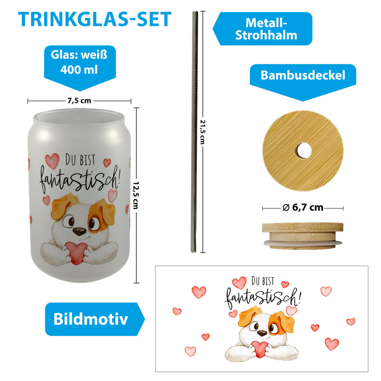Hund Trinkglas mit Bambusdeckel mit Spruch Du bist fantastisch