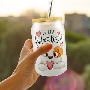 Hund Trinkglas mit Bambusdeckel mit Spruch Du bist fantastisch
