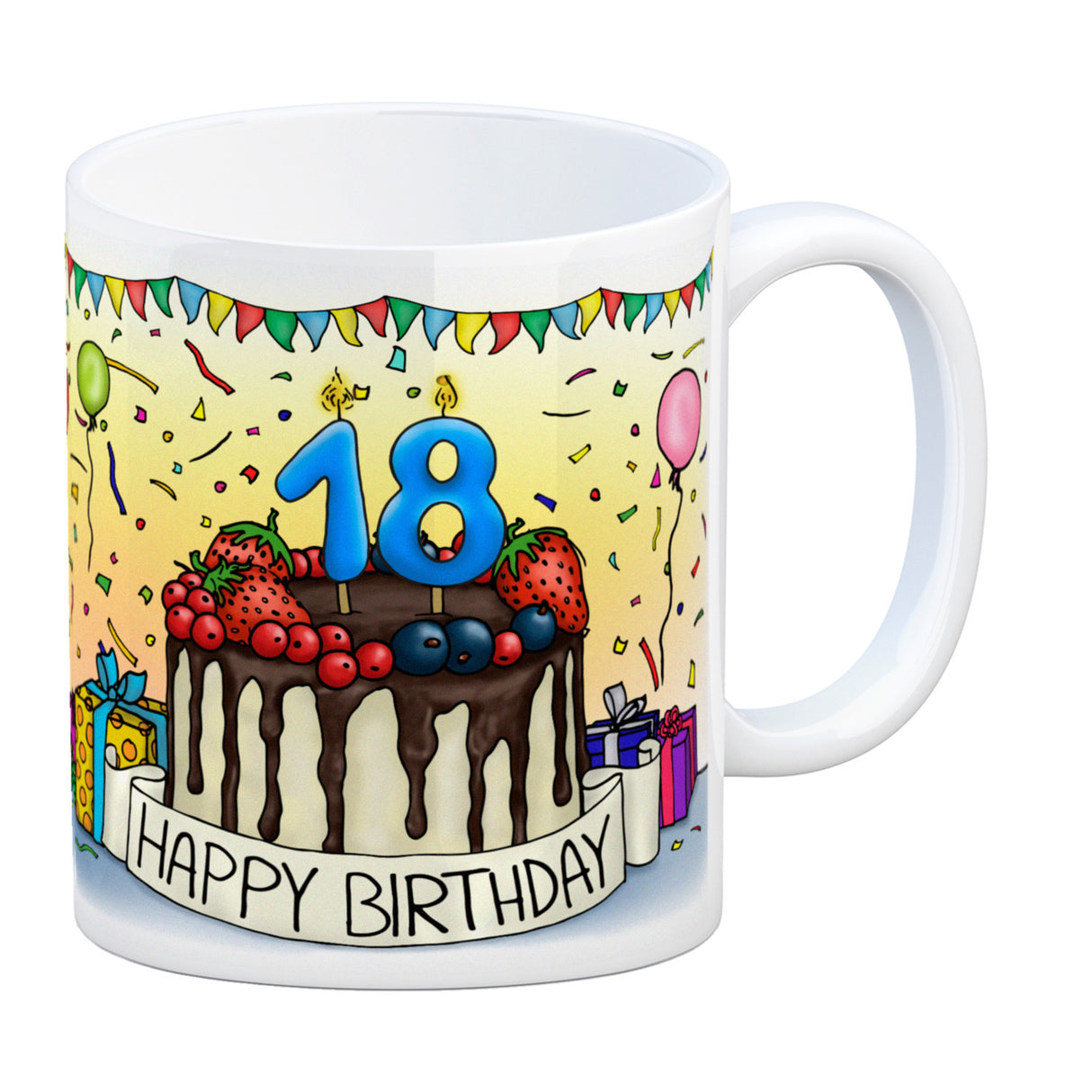 18. Geburtstag Tasse mit Kuchen und Geschenk und Anhänger: zum 6576. Tag