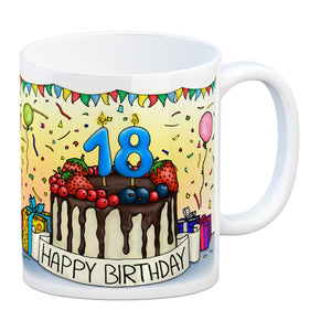 18. Geburtstag Tasse mit Kuchen und Geschenk und Anhänger: zum 6576. Tag