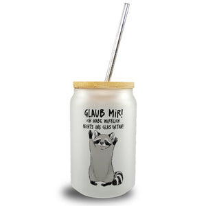 Waschbär Trinkglas mit Bambusdeckel mit Spruch Glaub mir Ich habe wirklich nichts ins Glas getan