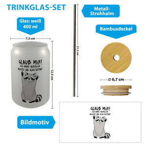 Waschbär Trinkglas mit Bambusdeckel mit Spruch Glaub mir Ich habe wirklich nichts ins Glas getan