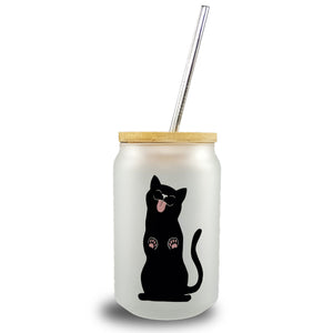 Schwarze Katze Trinkglas mit Bambusdeckel
