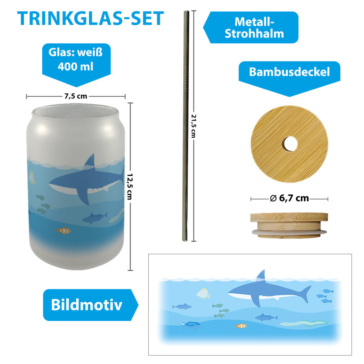 Unterwasser Trinkglas mit Bambusdeckel mit Hai und Fischen