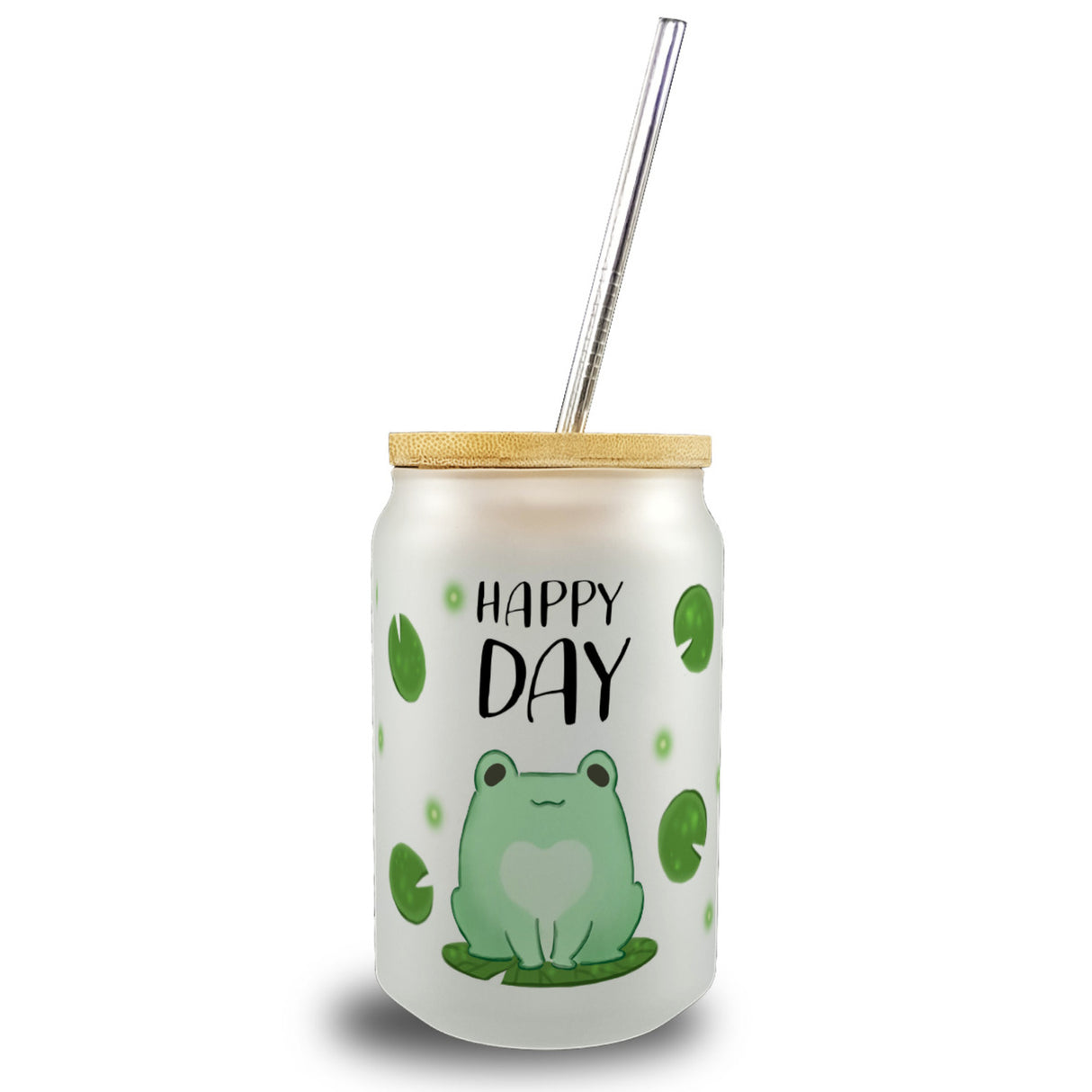 Frosch Trinkglas mit Bambusdeckel mit Spruch Happy Day