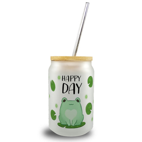 Frosch Trinkglas mit Bambusdeckel mit Spruch Happy Day