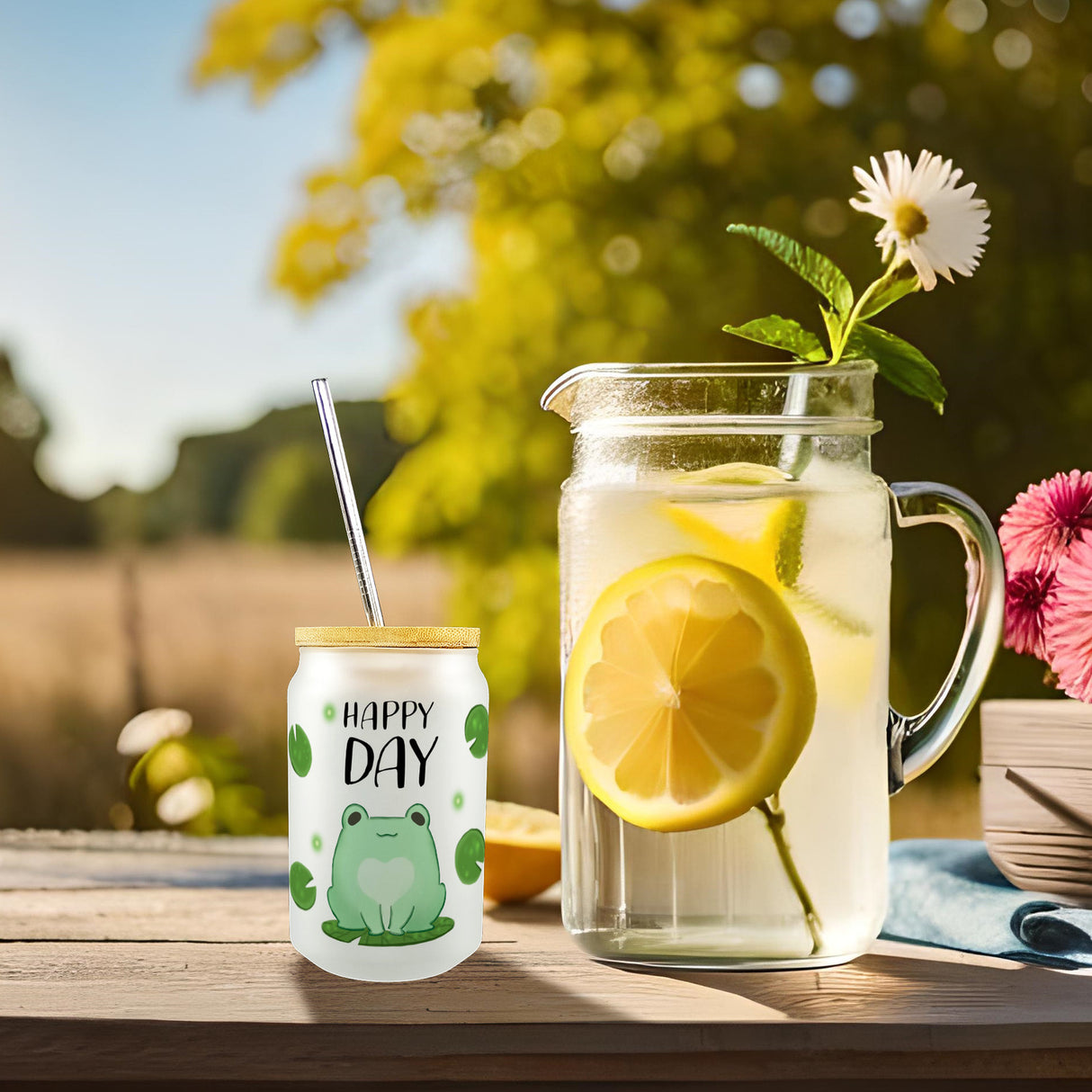 Frosch Trinkglas mit Bambusdeckel mit Spruch Happy Day