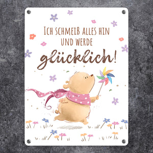 Glücklicher Bär Metallschild in 15x20 cm mit Spruch Ich schmeiß alles hin