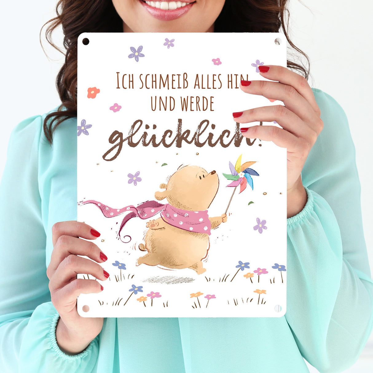 Glücklicher Bär Metallschild in 15x20 cm mit Spruch Ich schmeiß alles hin