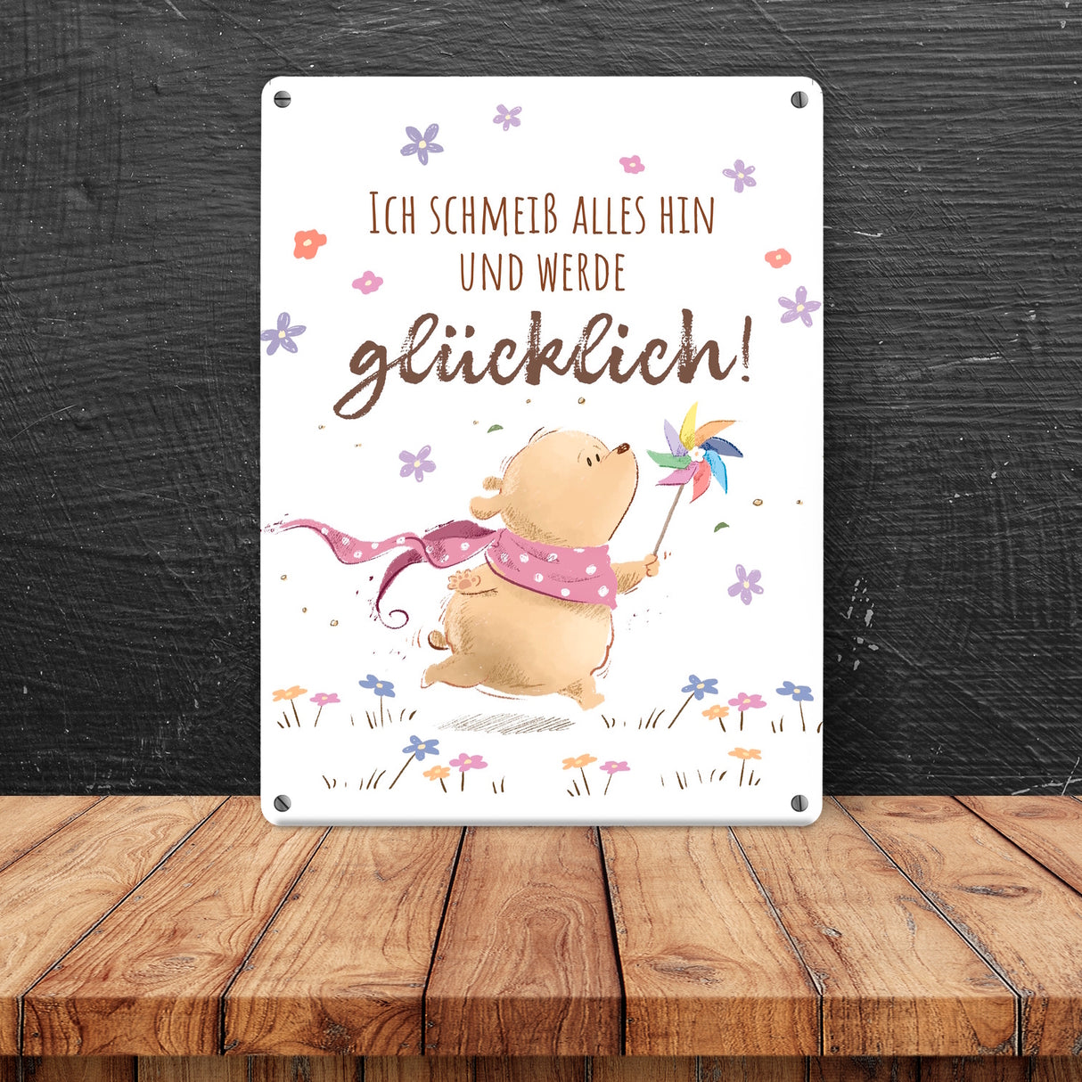 Glücklicher Bär Metallschild in 15x20 cm mit Spruch Ich schmeiß alles hin