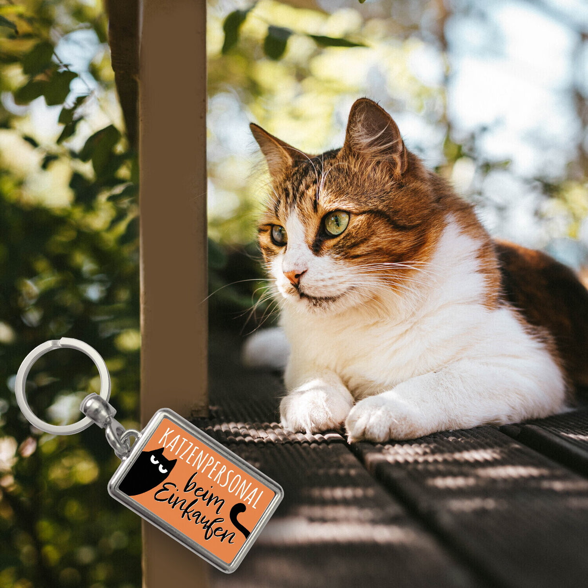 Katze Schlüsselanhänger mit Spruch Katzenpersonal beim Einkaufen
