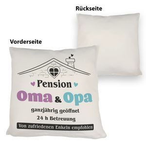 Pension Oma & Opa Kissen mit Spruch Von zufriedenen Enkeln empfohlen