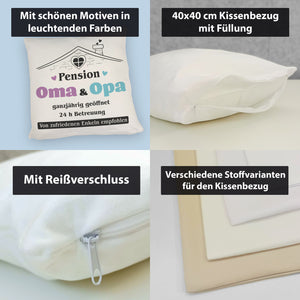 Pension Oma & Opa Kissen mit Spruch Von zufriedenen Enkeln empfohlen