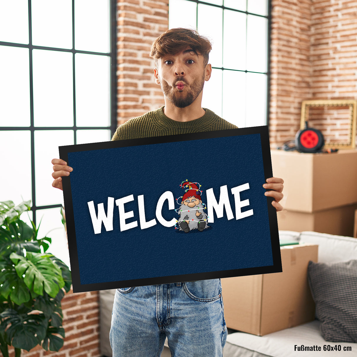Grimmiger Wichtel Fußmatte in 35x50 cm mit Spruch Welcome
