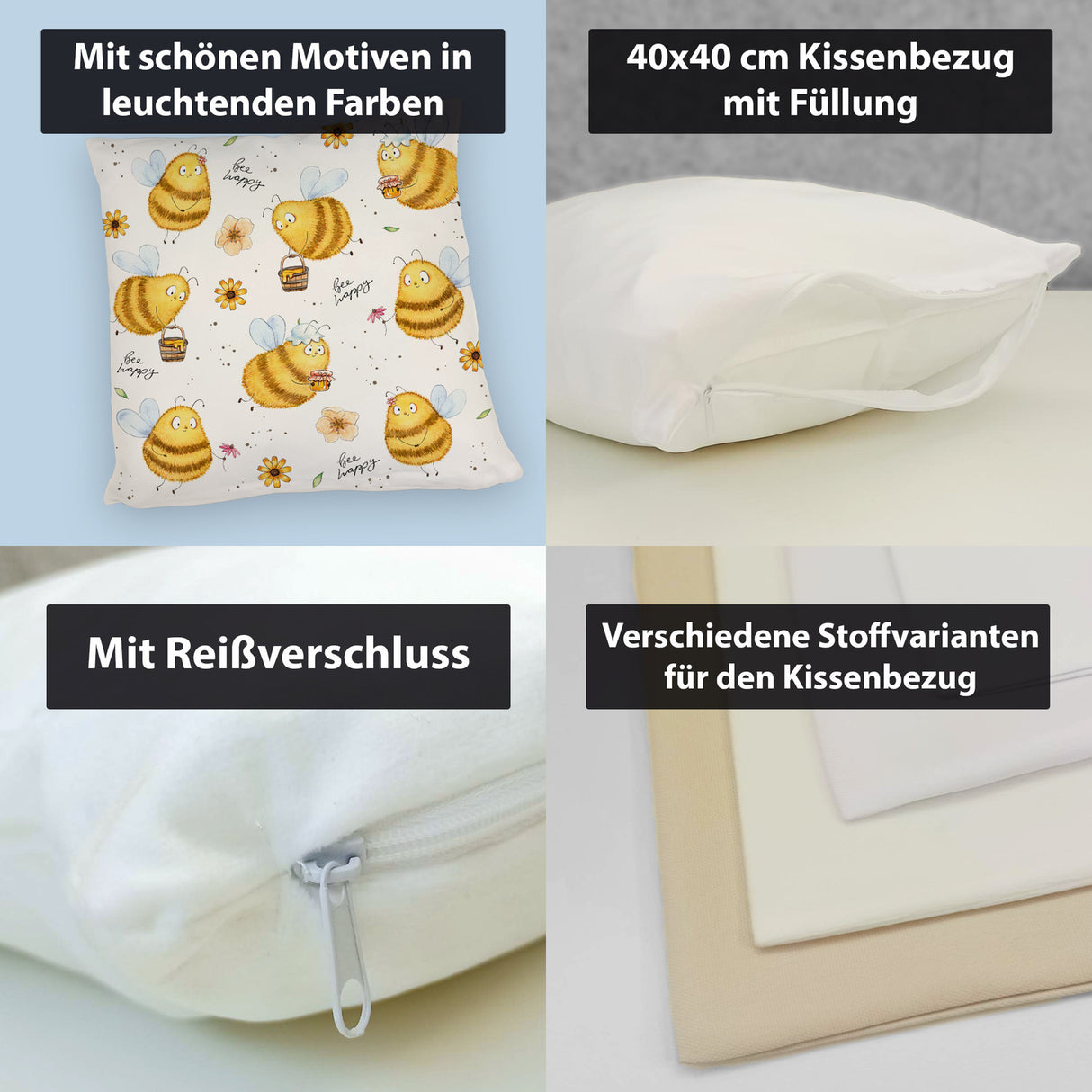 Pummel Biene Kissen mit Spruch Bee happy