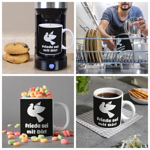 Friedenstaube Kaffeebecher mit Spruch Friede sei mit Dir -weiß