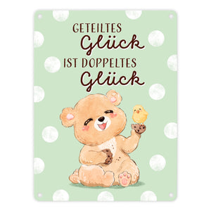 Bär Metallschild in 15x20 cm mit Spruch Geteiltes Glück ist doppeltes Glück