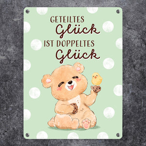Bär Metallschild in 15x20 cm mit Spruch Geteiltes Glück ist doppeltes Glück