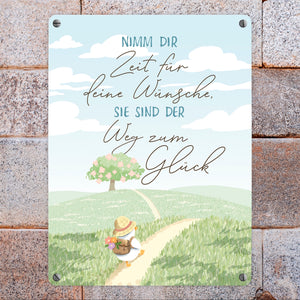 Ente Metallschild in 15x20 cm mit Spruch Zeit für Wünsche Weg zum Glück