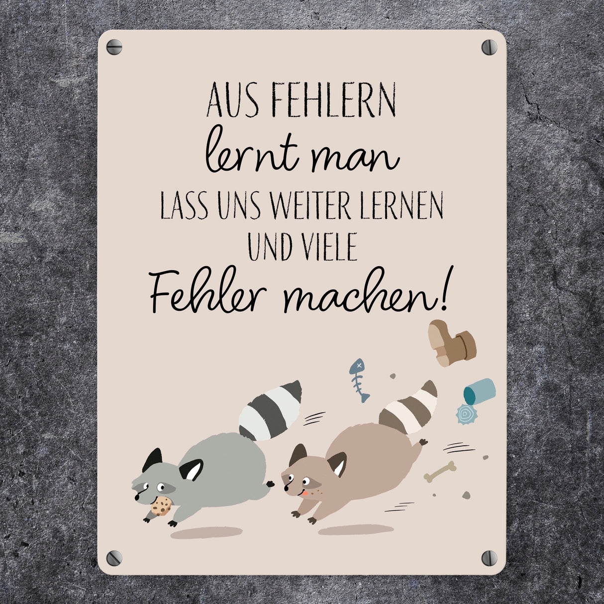 Waschbären Metallschild in 15x20 cm mit Spruch Fehler machen weiter lernen