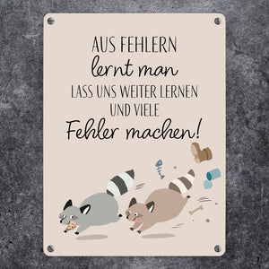Waschbären Metallschild in 15x20 cm mit Spruch Fehler machen weiter lernen