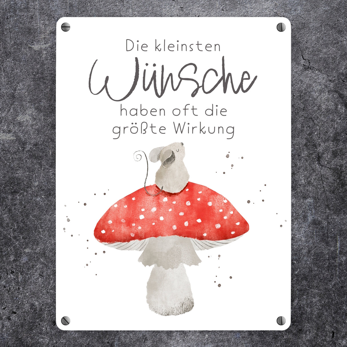 Maus auf Fliegenpilz Metallschild in 15x20 cm mit Spruch Kleinste Wünsche größte Wirkung