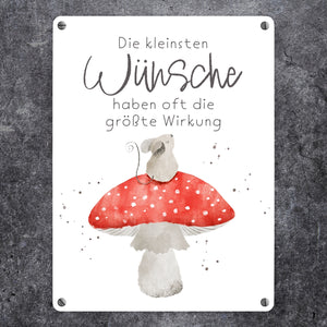 Maus auf Fliegenpilz Metallschild in 15x20 cm mit Spruch Kleinste Wünsche größte Wirkung