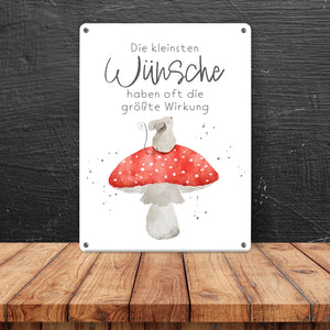 Maus auf Fliegenpilz Metallschild in 15x20 cm mit Spruch Kleinste Wünsche größte Wirkung