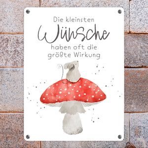 Maus auf Fliegenpilz Metallschild in 15x20 cm mit Spruch Kleinste Wünsche größte Wirkung