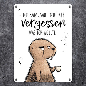 Biber Metallschild in 15x20 cm mit Spruch Kam, sah, habe vergessen