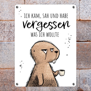 Biber Metallschild in 15x20 cm mit Spruch Kam, sah, habe vergessen