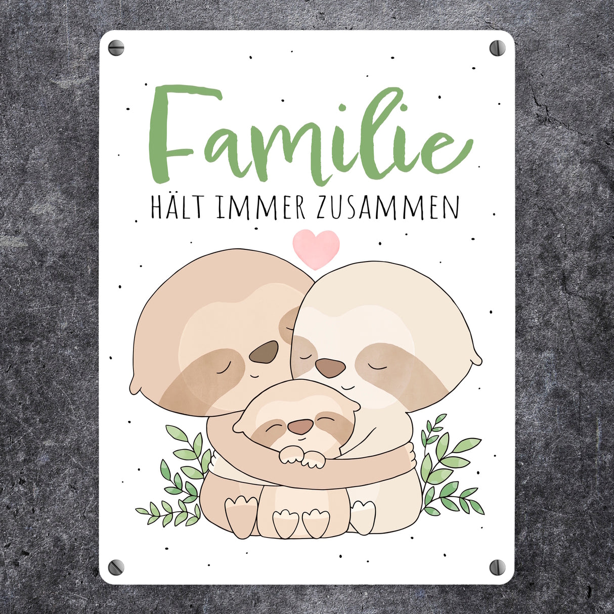 Faultier Metallschild in 15x20 cm mit Spruch Familie hält immer zusammen