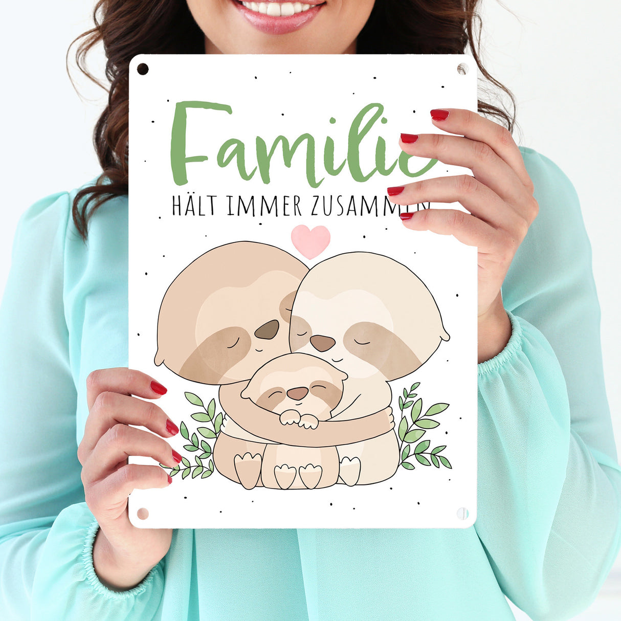 Faultier Metallschild in 15x20 cm mit Spruch Familie hält immer zusammen