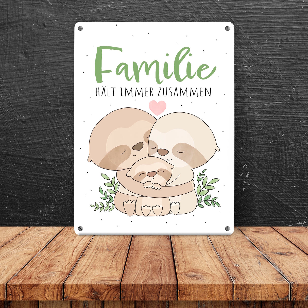 Faultier Metallschild in 15x20 cm mit Spruch Familie hält immer zusammen