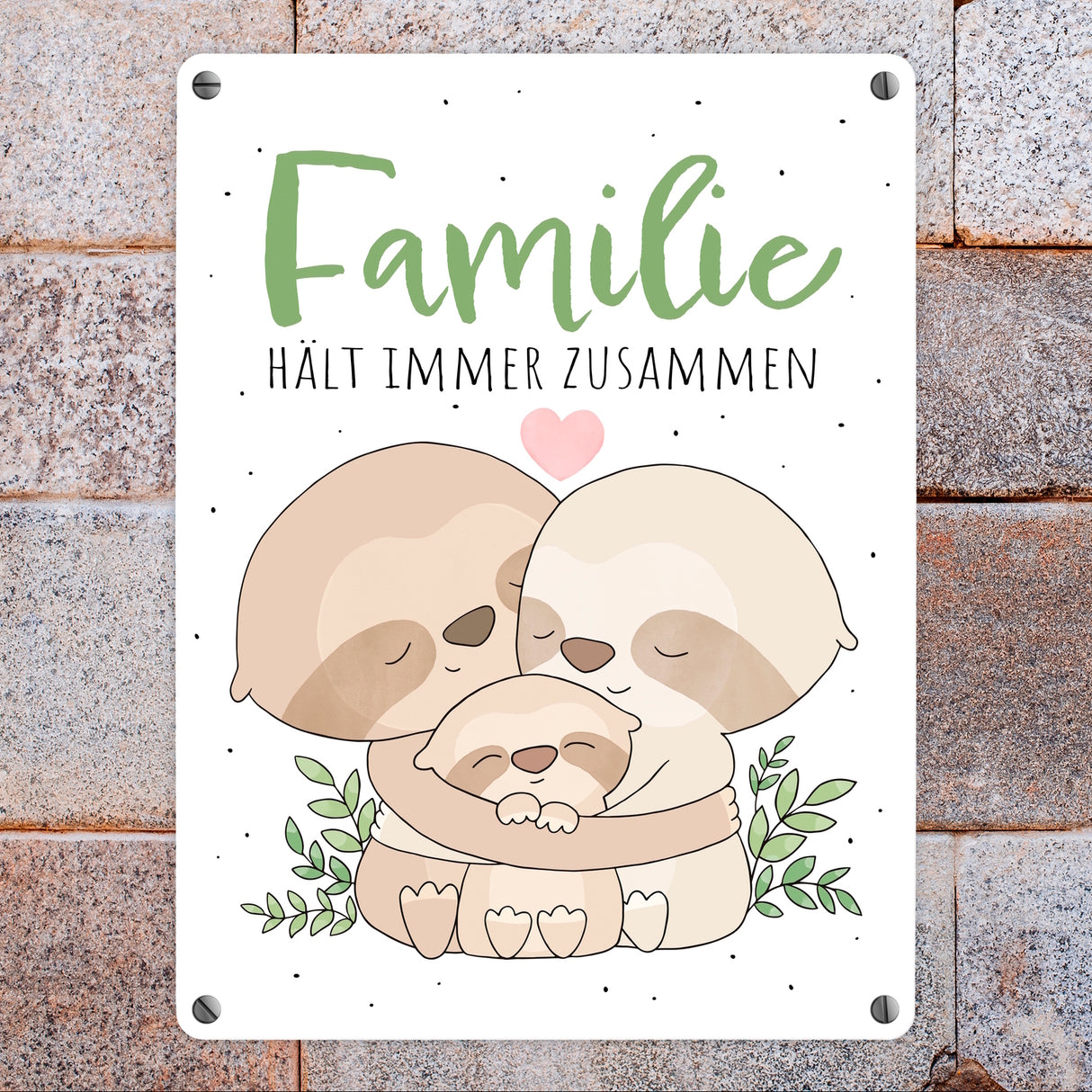 Faultier Metallschild in 15x20 cm mit Spruch Familie hält immer zusammen