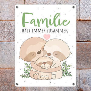 Faultier Metallschild in 15x20 cm mit Spruch Familie hält immer zusammen