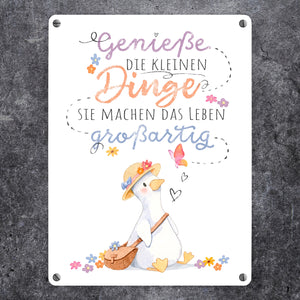Gans Metallschild in 15x20 cm mit Spruch Kleine Dinge machen Leben großartig