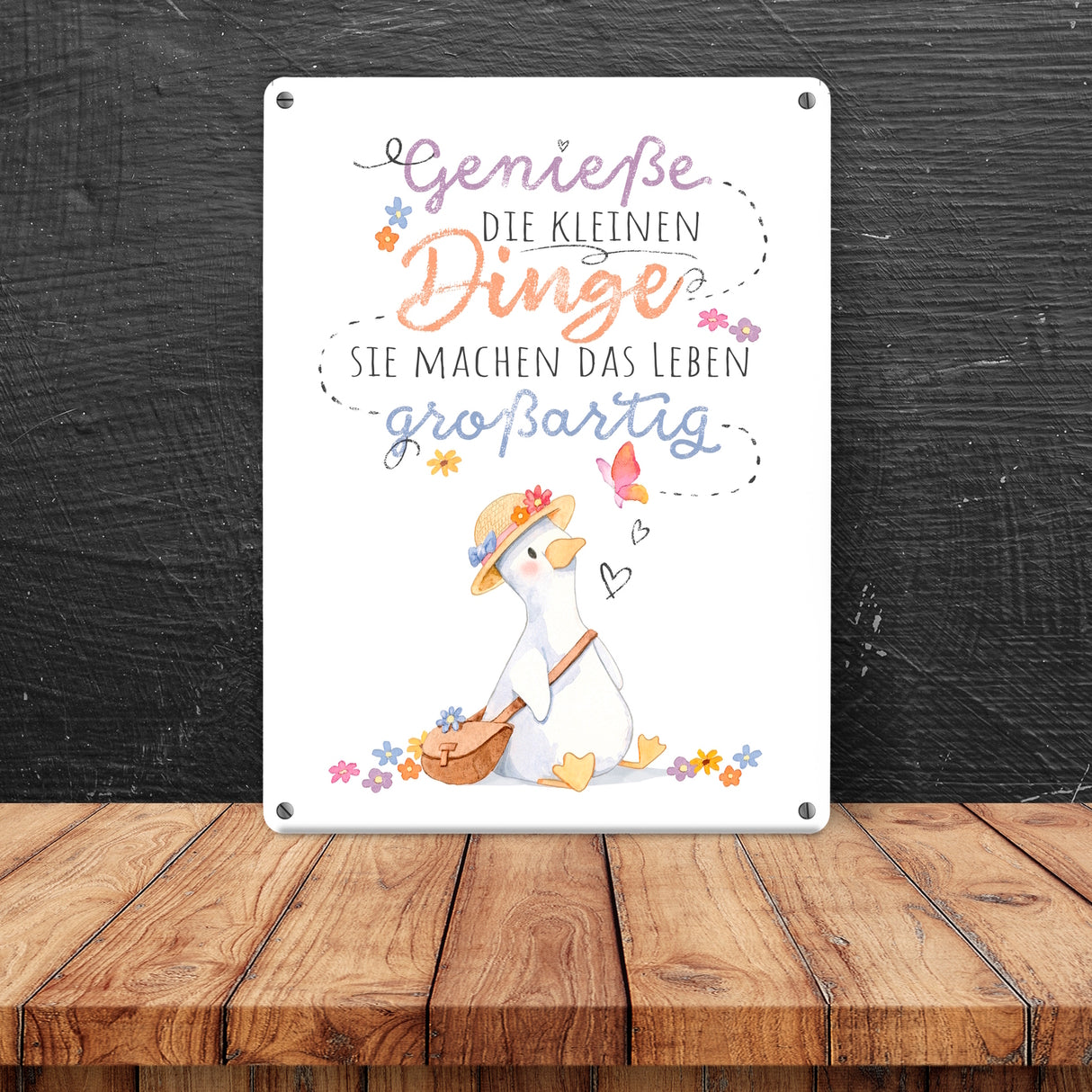 Gans Metallschild in 15x20 cm mit Spruch Kleine Dinge machen Leben großartig