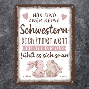 Hasen Metallschild in 15x20 cm mit Spruch Wie Schwestern Gefühl echter Verbundenheit