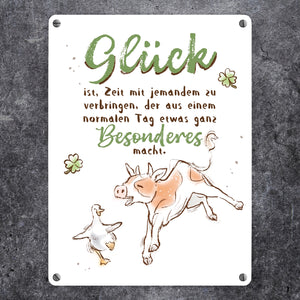 Kuh und Gans Metallschild in 15x20 cm mit Spruch Glück ist besondere Zeit mit jemandem